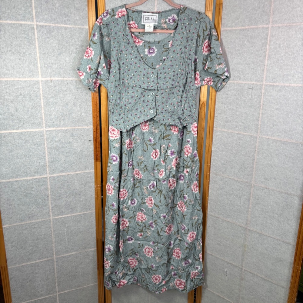 Erika Floral Maxi Dress Medium Blue Vintage 90s Cottagecore Rayon Tie Back
